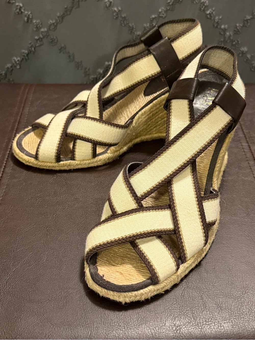 Lauren Ralph Lauren Cream and Brown Espadrille Wedge Sandals
